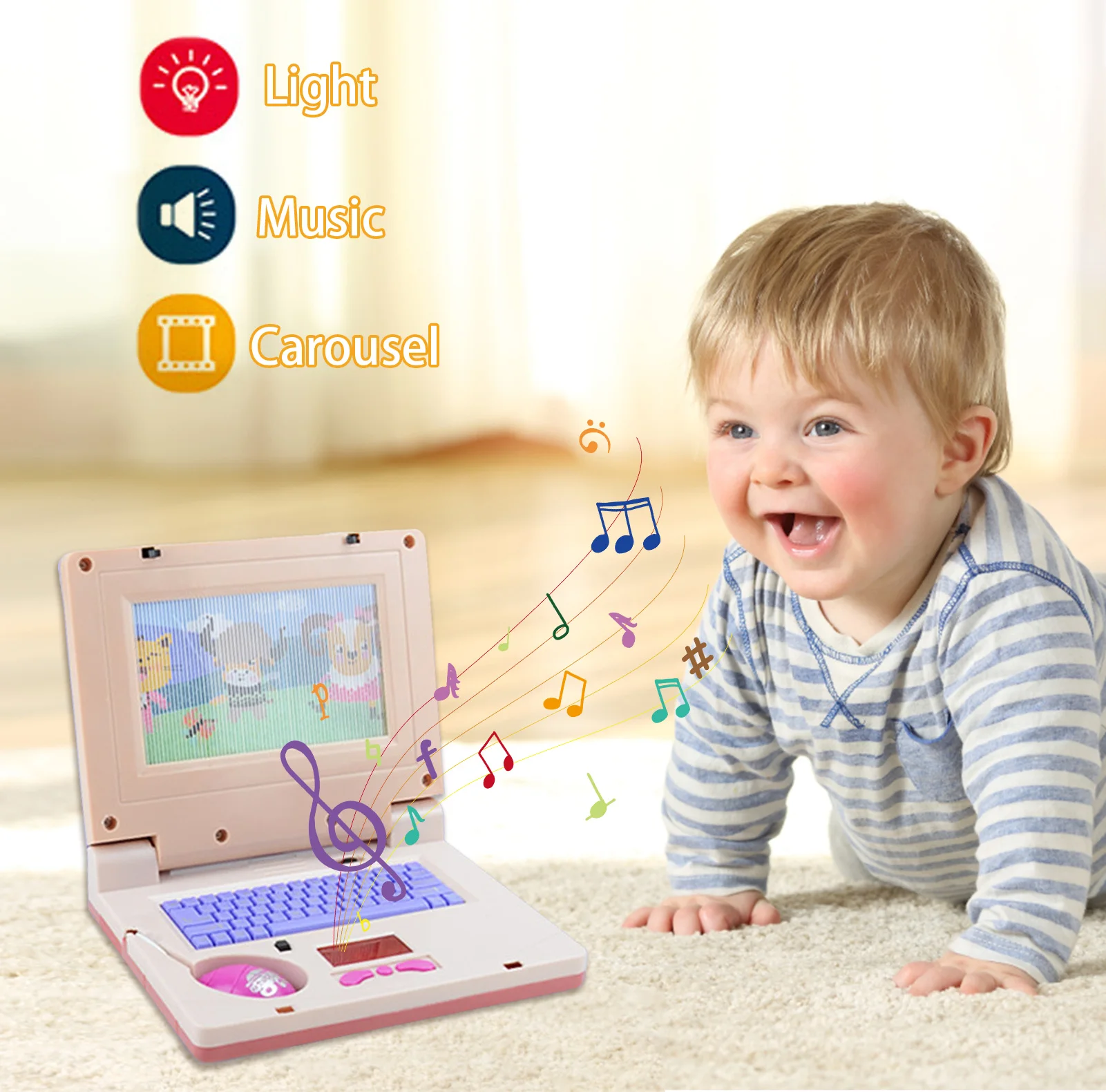 Komputer Laptop Bayi Kartun Portabel dengan Pola Layar Musik dan Bergerak Multifungsi Bayi Belajar Mainan Musik Komputer