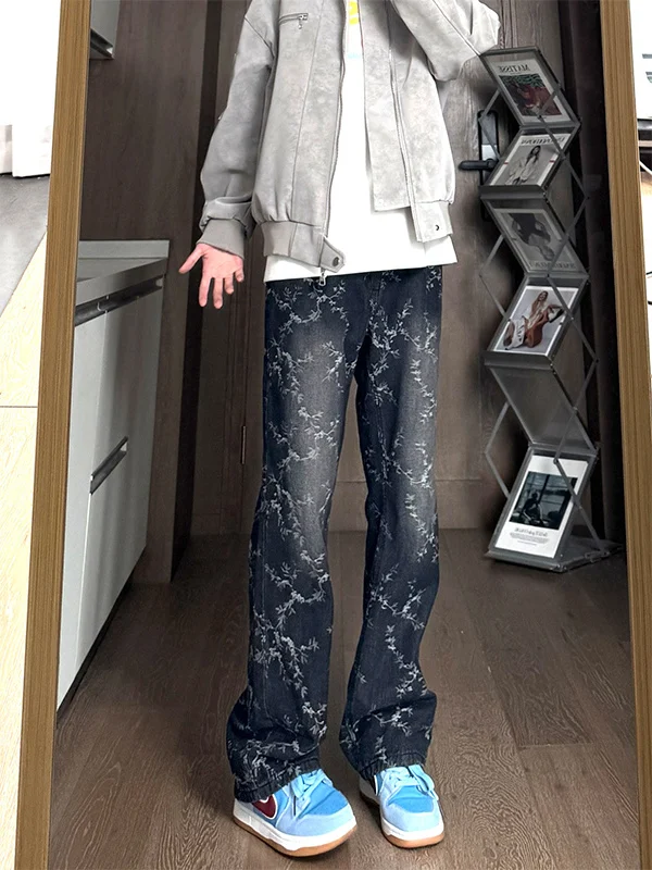 

Washed Thistle Embroidery Slim Fit Jeans Men's American High Street Style Casual Straight Leg Jeans Summer Fashion Brand