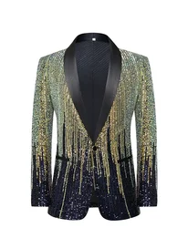 Men Shiny Stripes Sequins Jacket Shawl Collar Single Button Slim Blazer Coat Singer Stage Party Prom Wedding Tuxedo Costume 5XL