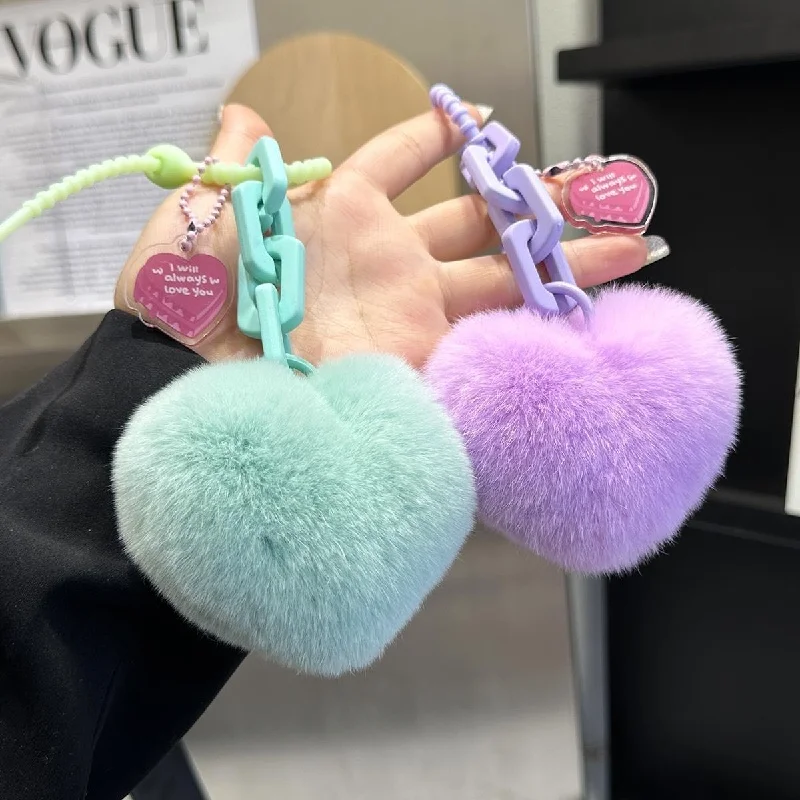 Heart Shaped Natural Fur Ball Keychain Soft Plush Bag Pendant Charm for Women Girls Creative Valentines Day Gift Key Chain