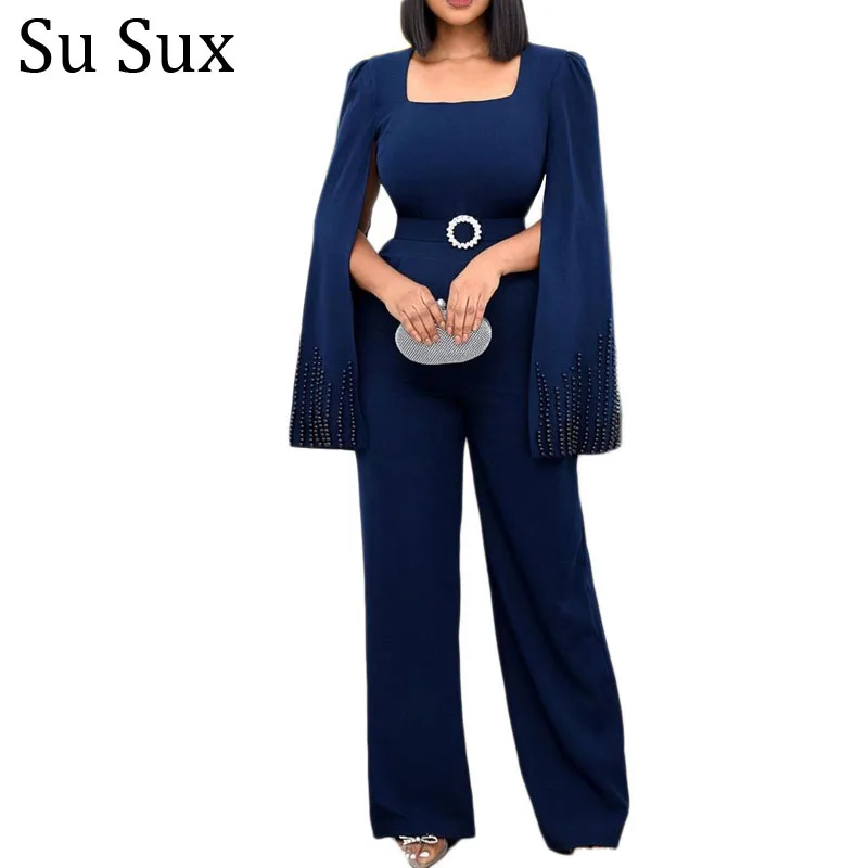 

Solid Wide Leg Jumpsuit Women Elegance 2022 Spring Autumn Rompers Cloak Sleeve High Waist Belt Jumpsuit Overalls Playsuit