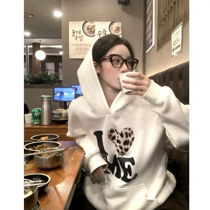 Amerikaanse herfst winter retro plus fluwelen verdikking nieuwe losse jas liefde gedrukte letter hooded sweatshirt top