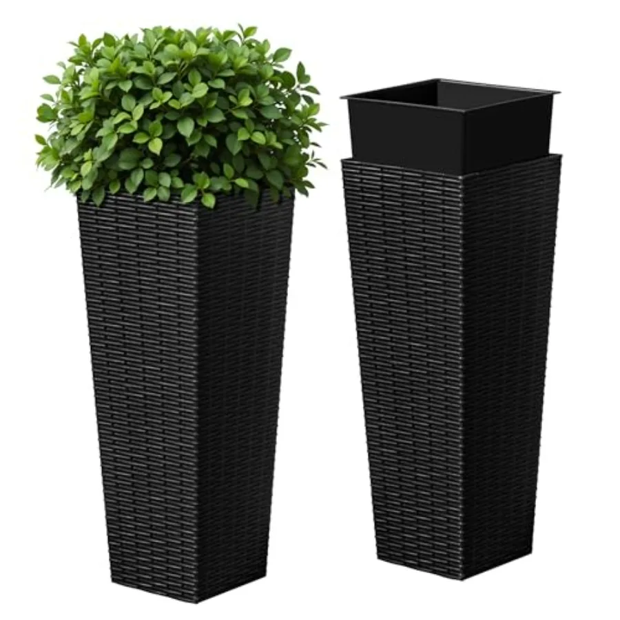 Outdoor resin tall planters set of 2, black, 23.6 inches, modern decor with 4 drainage holes for porch, patio, backyard, home g