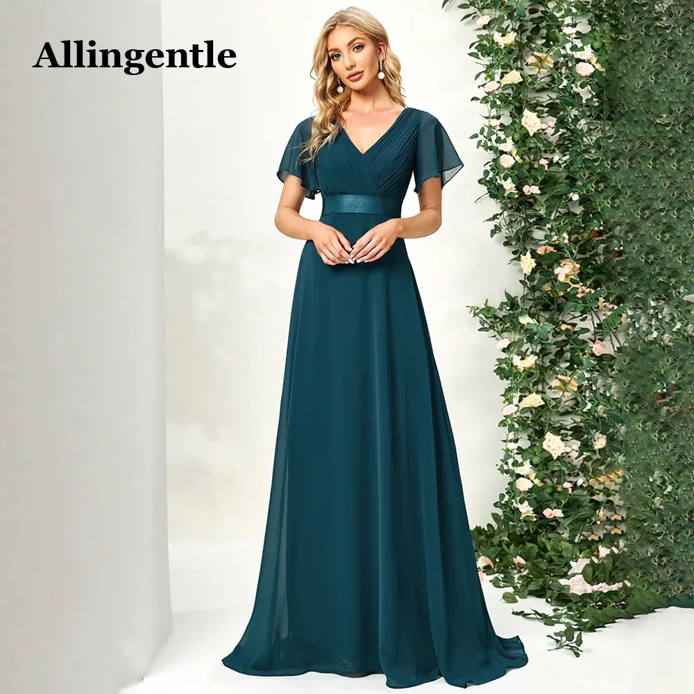 Allingentle-Elegante vestido de chiffon linha A feminino, manga curta, decote em v, até o chão, simples vestidos de dama de honra, personalizado, 2023