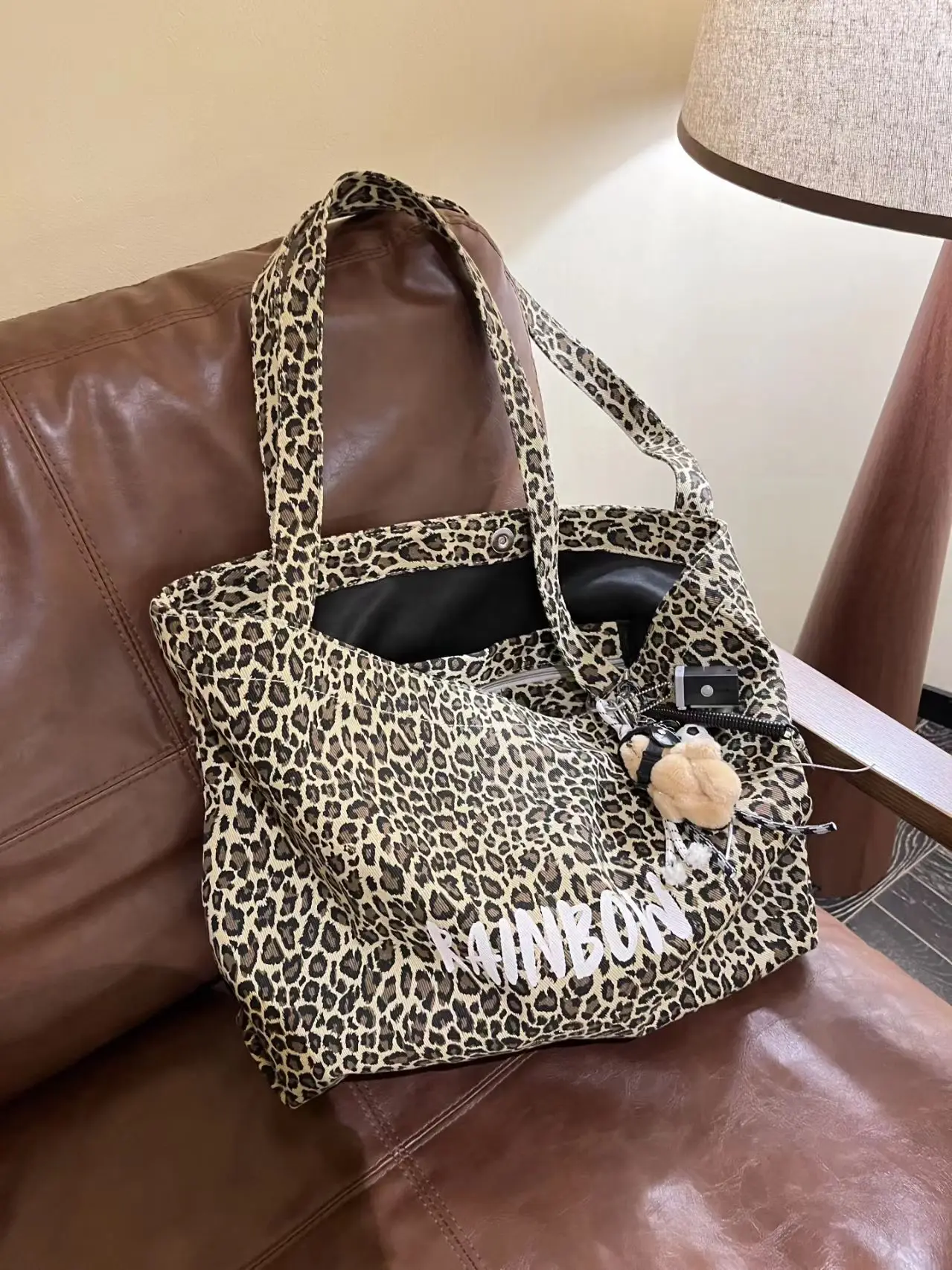 

Ретро-корейская холщовая сумка-тоут с леопардовым принтом, женская вместительная сумка на одно плечо для работы и учебы