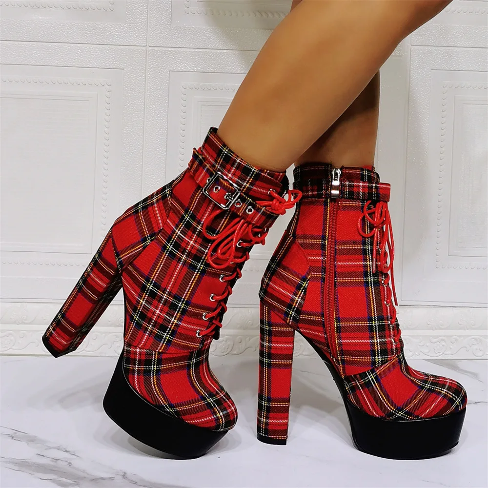 New Red Tartan Design Ankle Boots Lady Fashion Increasing Heel Spring Boots Sexy Female Platform Shoes With Buckle and Strap