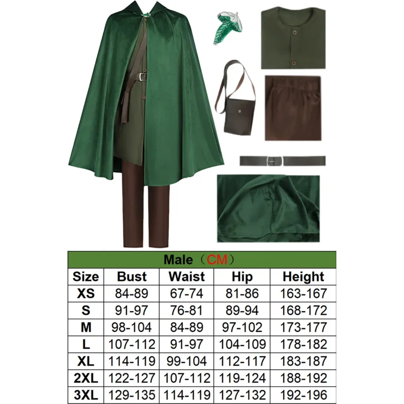 エルフビルボコスプレファンタジー服グリーンマント映画ロードリングコスチューム変装成人男性ファンタジアパーティー衣装