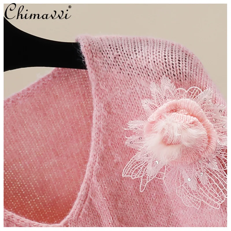 Suéter de flores 3D pesado de moda coreana Otoño e Invierno nueva dulce chica suelta elegante jersey de manga larga Top de punto