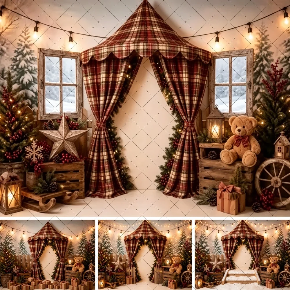 Christmas Photography Backdrop Plaid Tent Teddy Bear Star Lantern Xmas Tree for Kids Family Holiday Photo Studio Background