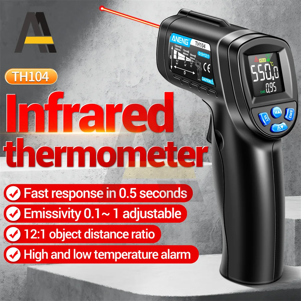 ANENG TH104 مقياس الحرارة بالأشعة تحت الحمراء الرطوبة عدم الاتصال الاستشعار-50 ~ 550 ℃   مسدس درجة الحرارة LCD شاشة عرض بإضاءة خلفية مقياس البيرومتر