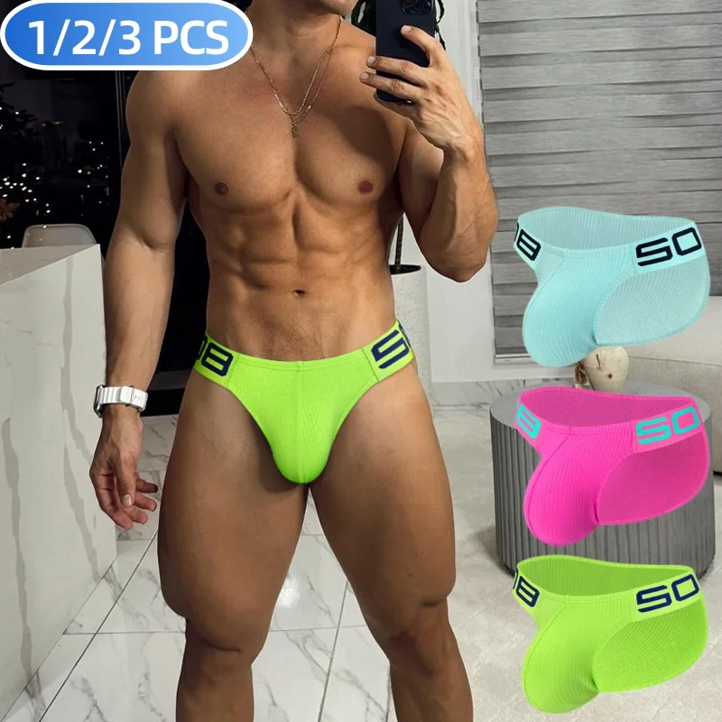 1/2/3PCS Threaded Cotton Sexy Men's Brief Underwear Bikini Gay Panties Jockstrap Slip Sexy Man Underpant Low Waist Solid Men