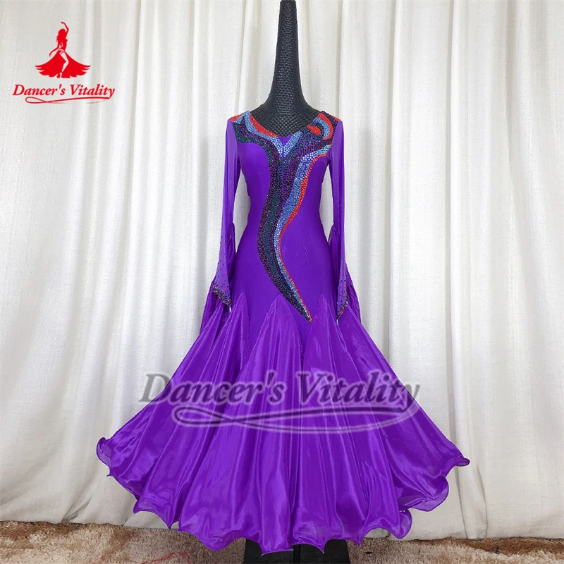 Adulto o novo estilo avançado pérola tecido de seda envolto-hip vestidos de dança de salão roxo tango valsa traje de concurso personalizado