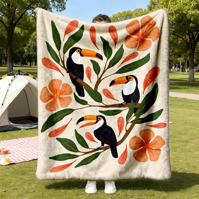 Tropical Toucan Flannel Blanket, Vintage Botanical Jungle Throw, Summer Vacation Nature Gift