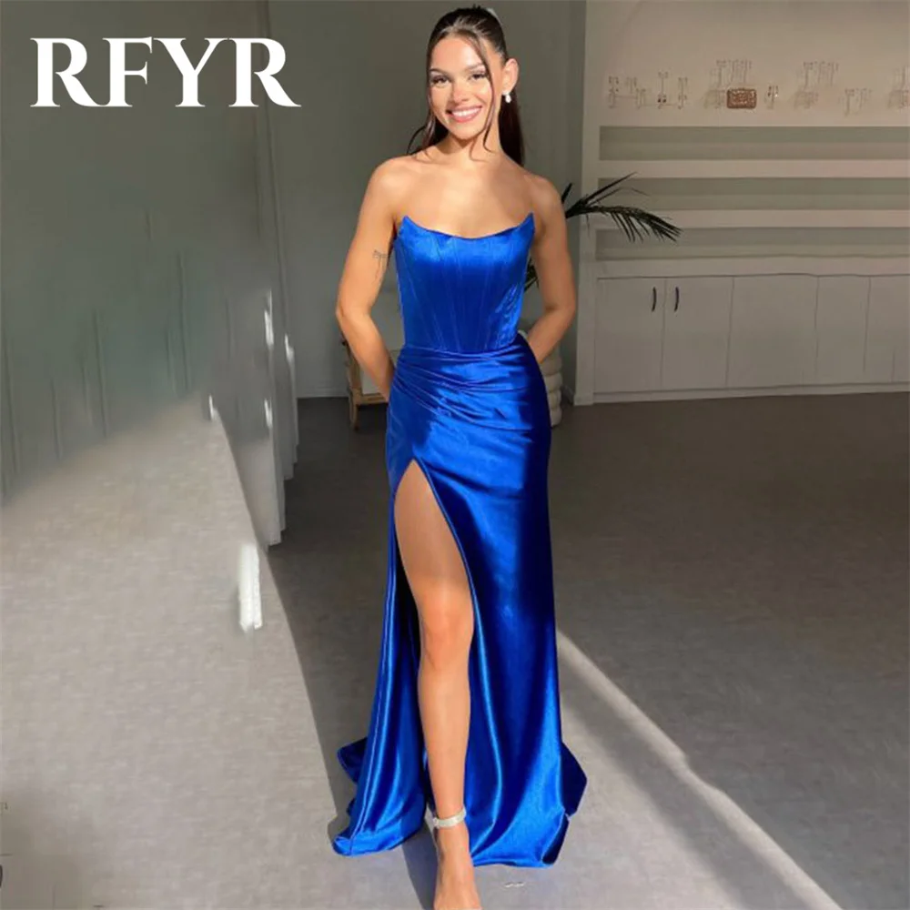 

RFYR Blue Elegant O-Neck Women Evening Dress Simple Sleeveless with Pleats Satin Trumpet Split Prom Formal Gown Dress Customized