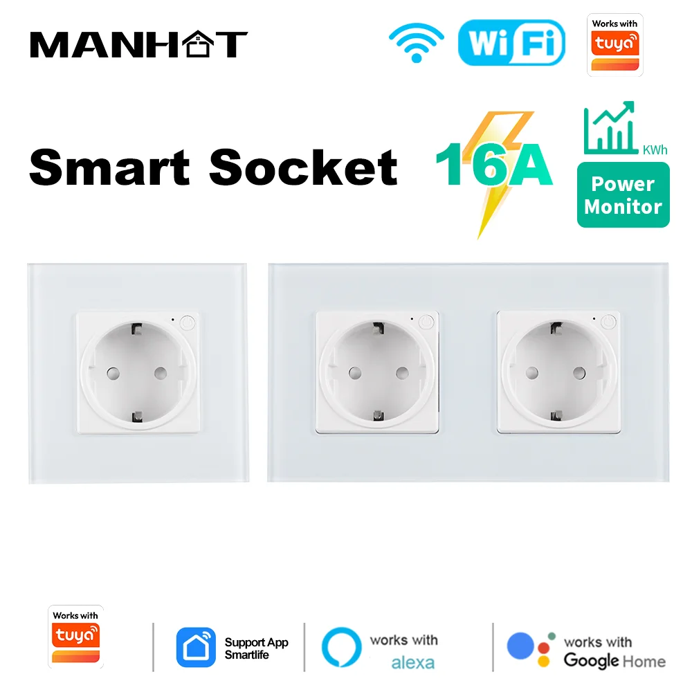 16A Wifi Smart Dual Socket EU with Power Monitor Function Smart Life App Remote Control Outlet Works with Tuya Alexa Google Home