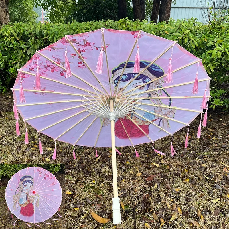 

1pc 56/70/80cm Light Pink Printing Silk Fabric Tassel Umbrella with Wooden Handle for Shading and Rain Protection Craft Umbrella