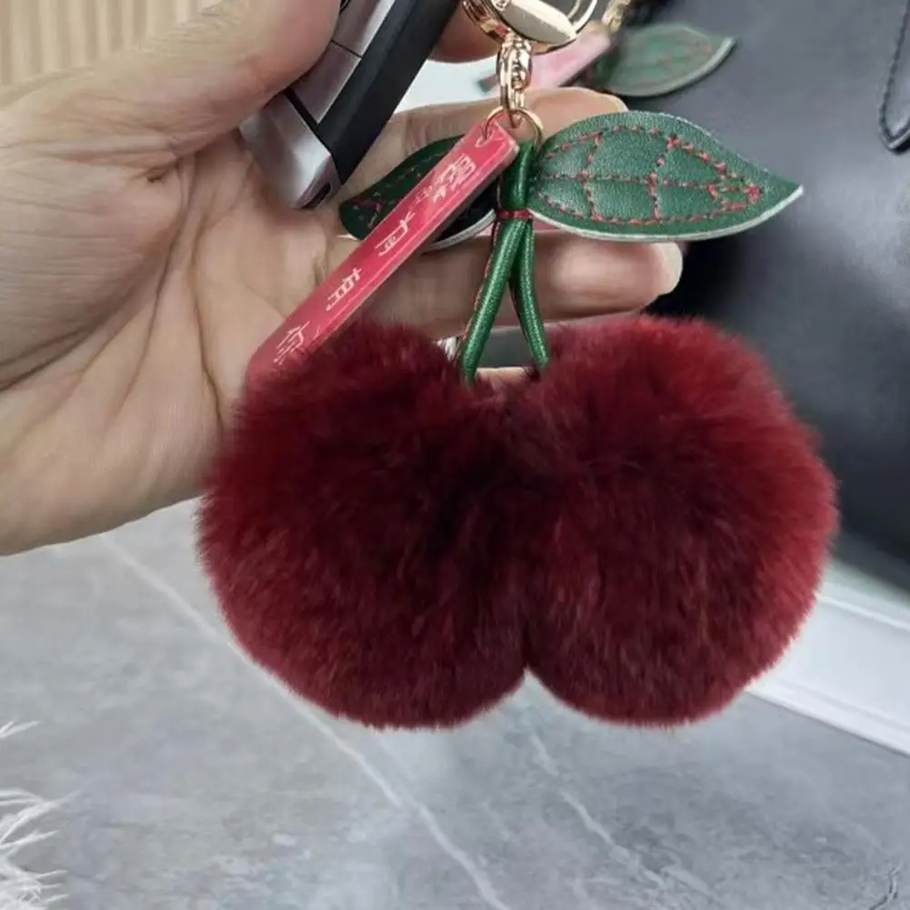 Leuke pluizige Rex konijnenbont bal pompom blad sleutelhanger Cherry sleutelhanger hanger sleutelhanger ring pluizige Cherry knuffel sleutelhanger