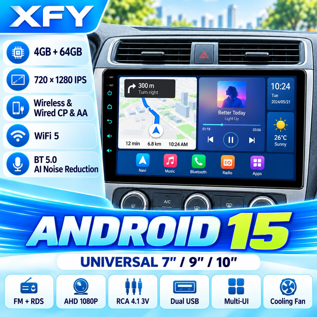 XFY 7/9/10 Inch Universal Android 15 Car Stereo 4GB 64GB Wireless CarPlay Android Auto WiFi 5 BT 5.0 AHD1080P 2DIN IPS FM RDS