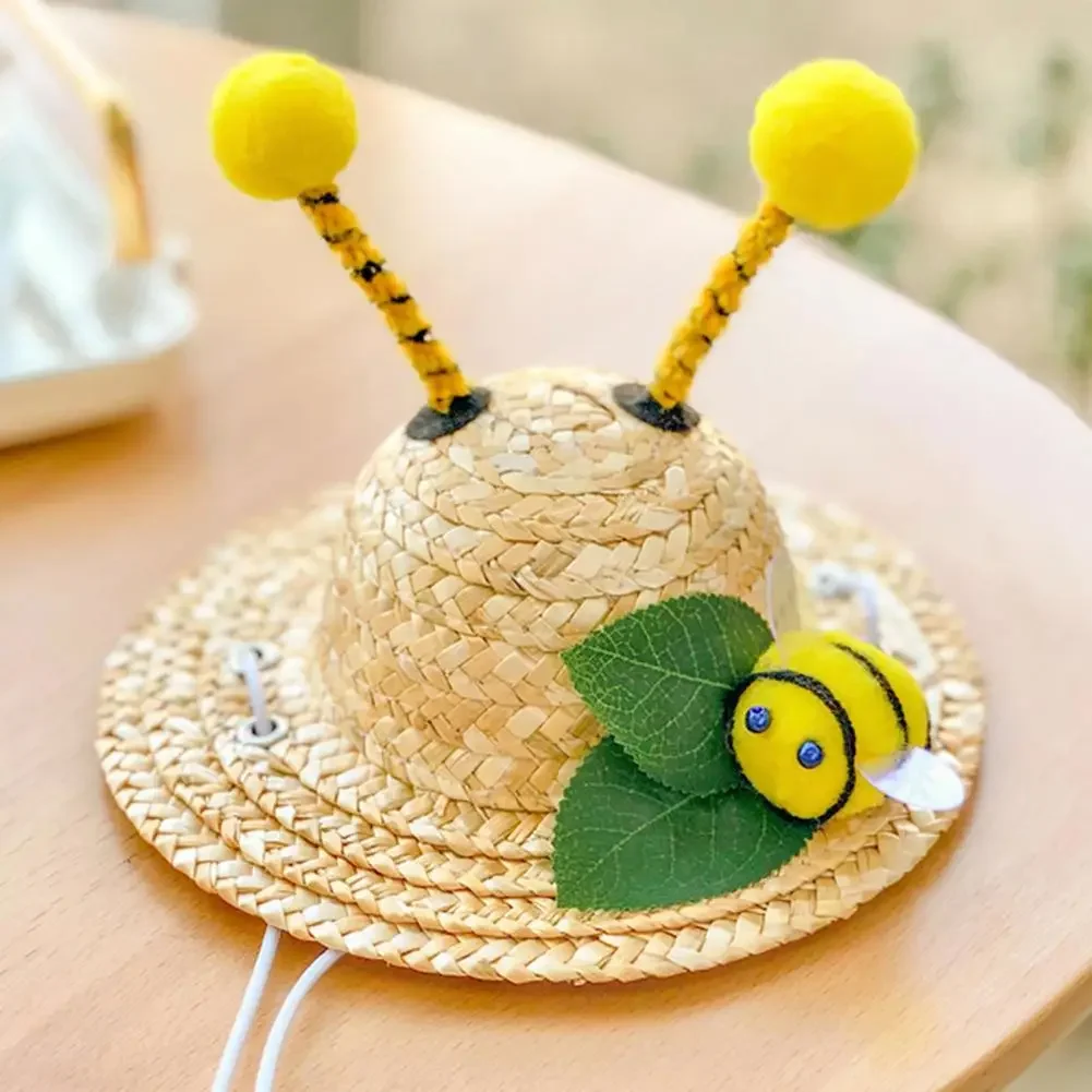 Pet Hat Comfortable Useful Ladybug Bees Decoration Hat 2 Sizes Dog Straw Hat Knitted Dogs Straw Hat for Outdoor Dogs Accessoires