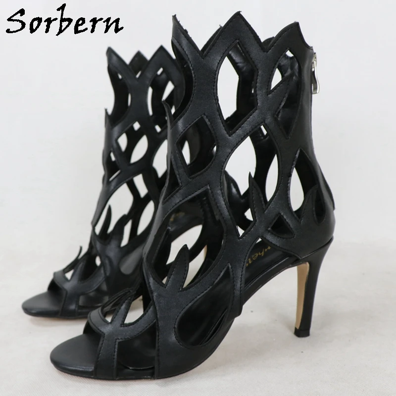 Sorbern Black Matte Back Zipper High Heel Sandals Hollow Out Stilettos 9Cm Summer Shoes Custom Unisex Shoes Multi Colors