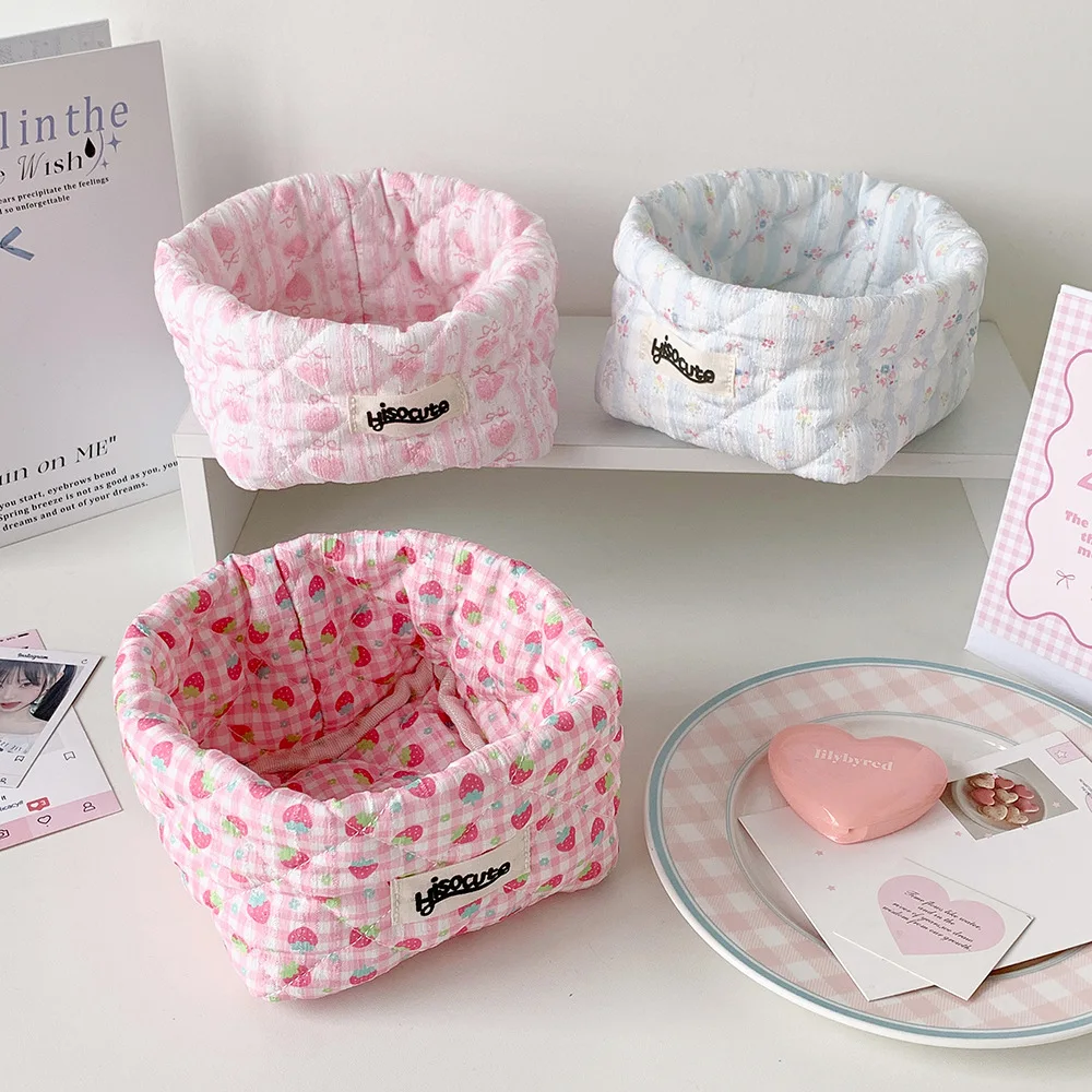 Korean Floral Print Storage Basket for Desk Cute Strawberry Bow Cosmetic Organizer Bin Versatile Small Sundries Tote for Bedroom
