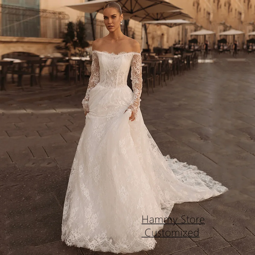 

Exquisite Corset Lace Wedding Dress Customized Boat Neck Long Sleeves See Through Court Train A Line Bride Bridal Gown