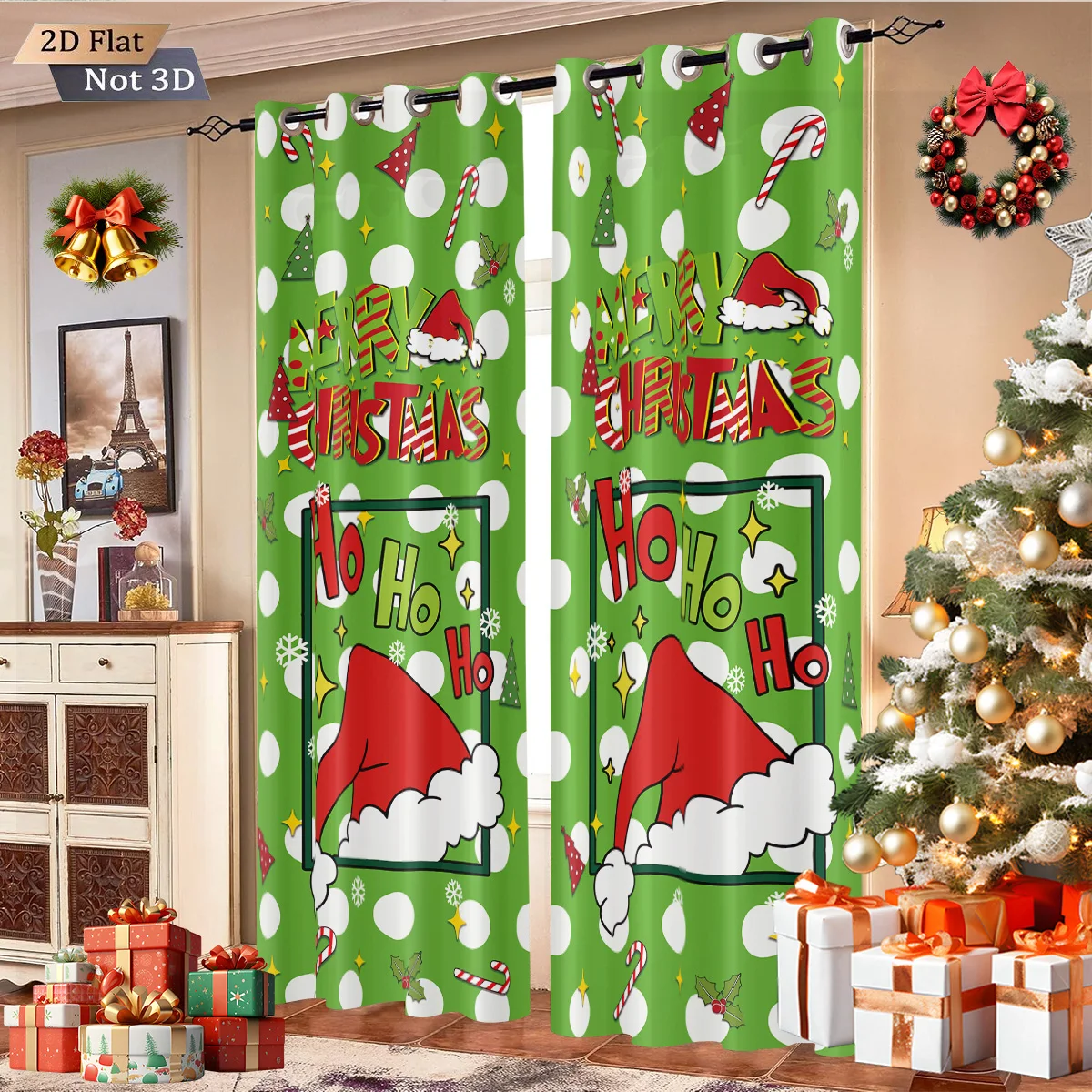 2pcs Merry Christmas hat green printing, perforated blackout curtains various sizes living room holiday insulation decoration