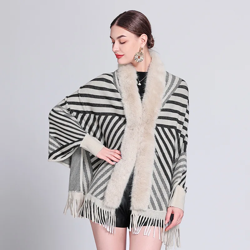 

Fashion Bat Sleeves Stripes Knit Faux Fur Cape Women Spring Autumn Coat Acrylic Cashmere Cardigan Outerwear Winter Cloak Poncho