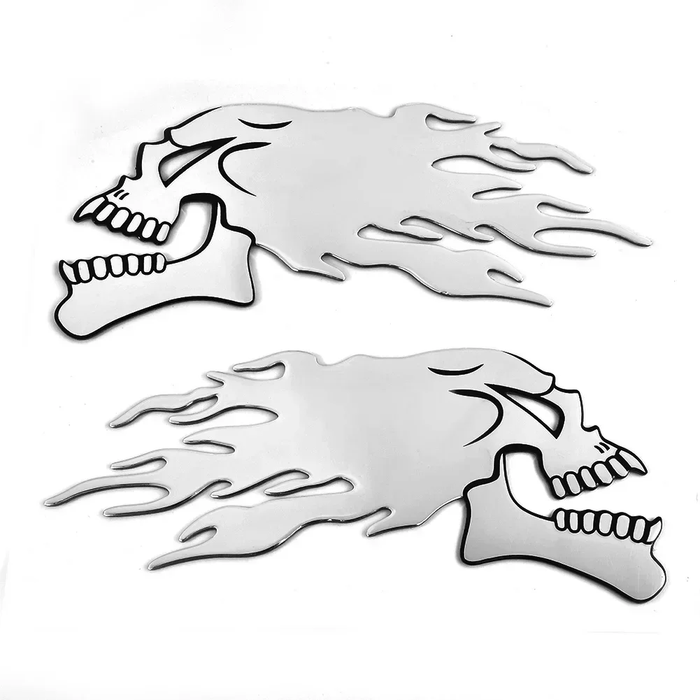 2pcs Motorbike Motorcycle Tank-Car Sliver Flaming Skull 3D Gel Sticker Decal L/R Pair 14*6cm Motorcycle Equipments