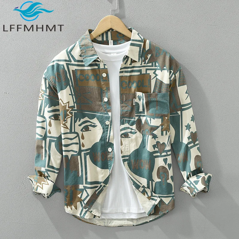 7218 Men's Retro Print Long Sleeve Casual Shirt Spring Fall Fashion Japan Trendy Relax Fit Loose Versatile Streetwear Blouses