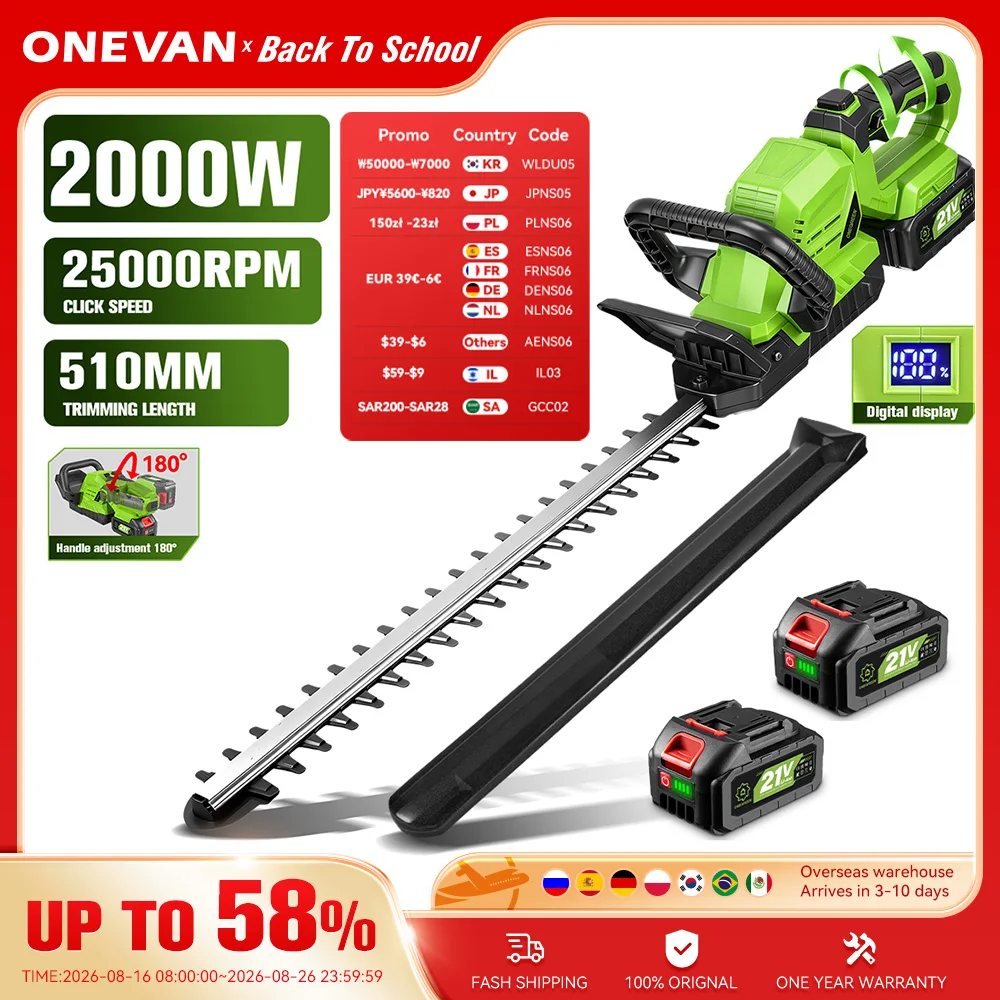 Onegreen 20000RPM Elektrische Heckenschere Effizientes 2000W Kabelloses Garten-Strauchschneidewerkzeug für Makita 18V Akku