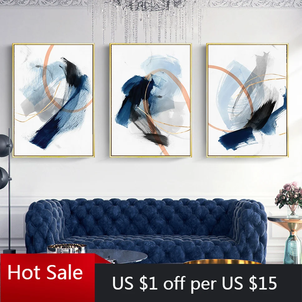 Abstract Hazy Blue Brush Effect Matt Gold Canvas Painting Print Wall Art Decor  Picture For Poster Aesthetic Room Decorative