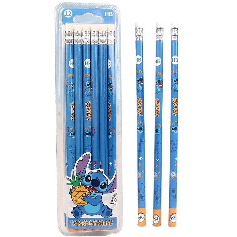 Elementary School Learning Supplies Pencil Stitch Rubber Round Rod Box of 12 Homework in Class Fashionable Cartoon Printed Gift