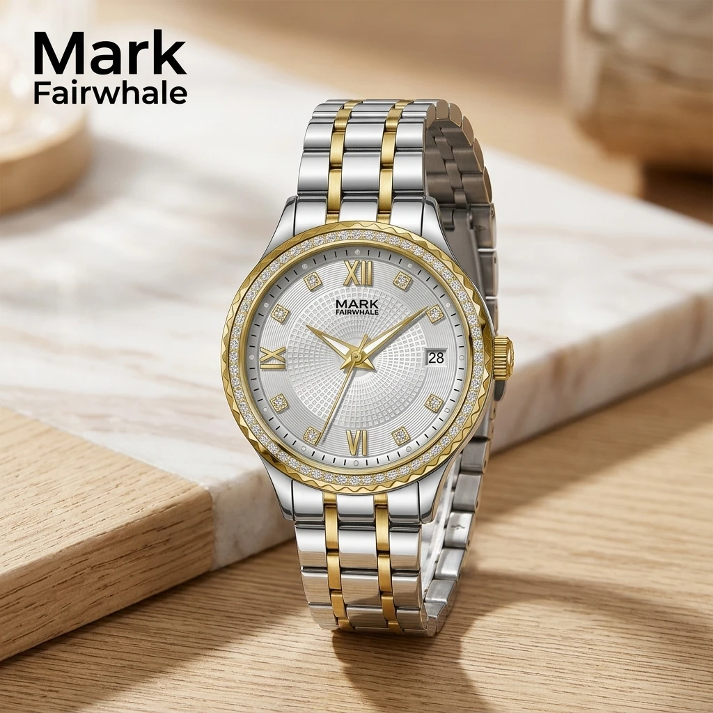 Mark Fairwhale Ladies Quartz Watch Round Roman & Crystal Index Dial Date Window Two-tone Metal Link Bracelet Female Wristwatch