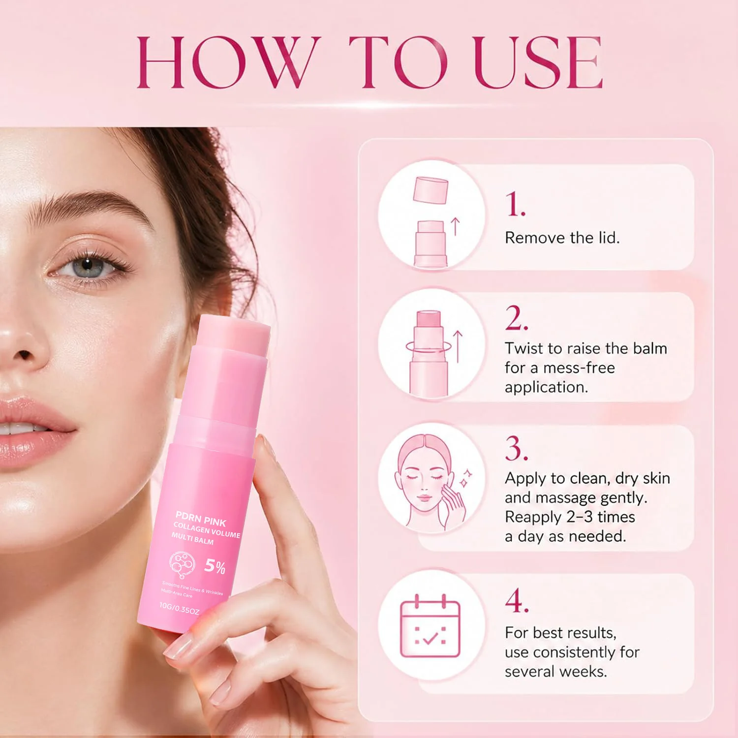 PDRN Pink Collagen Volume Multi Balm Collagen Hydrating Stick for Face, Neck, Under Eyes, Lips, Lines Care Plumping&Firming Skin view 6