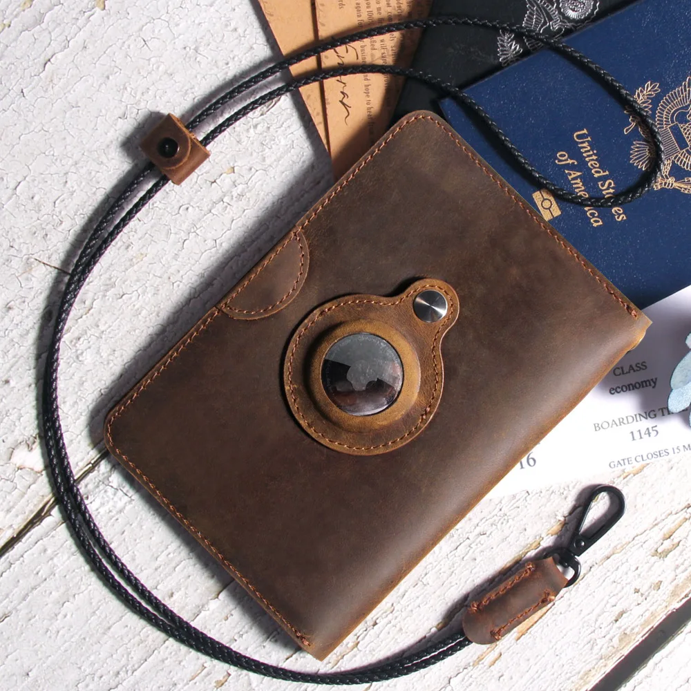 Vintage leather passport bag card holder certificate cover AirTag passport card bag large capacity storage