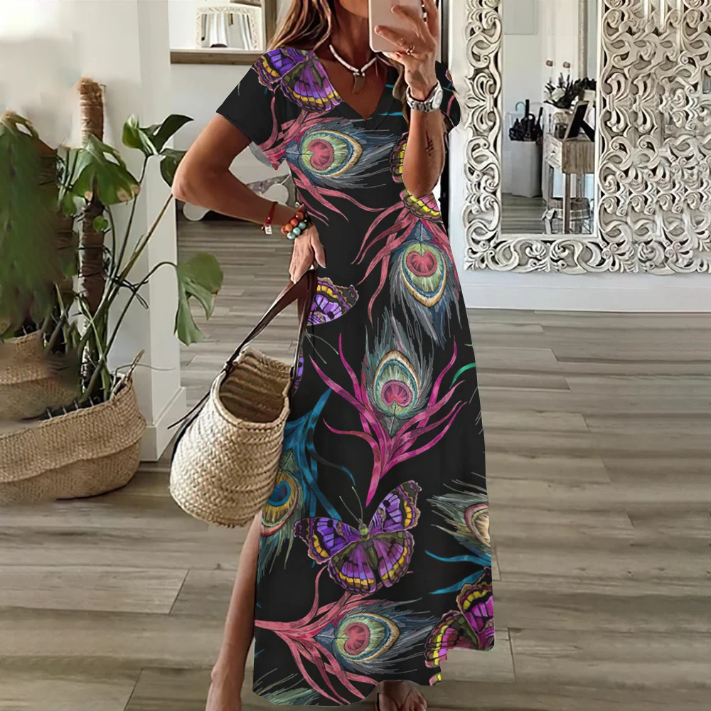 Colored Feather Printed Summer Women's Dresses V-Neck Slit Short Sleeves Long Dress Party Fashions Designer Oversize Clothing