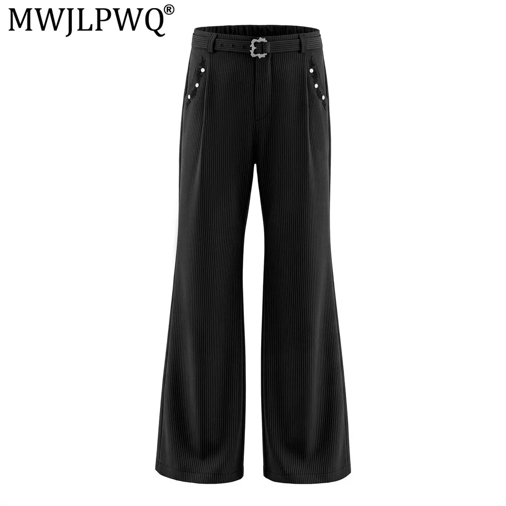 MWJLPWQ Vertical Striped Micro-Flared Casual Trousers Men Trendy American Rivet Floral Embroidery Pocket Loose Trousers 20942