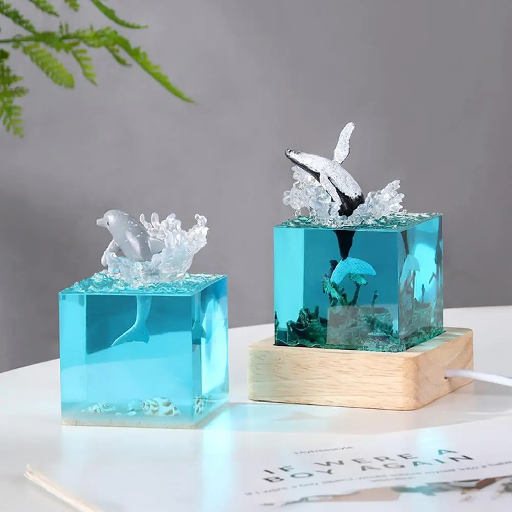 Creative Micro Landscape Whale 3D Night Light Epoxy Resin Ornaments Cube Table Model Epoxy Figurines Desk Ornament