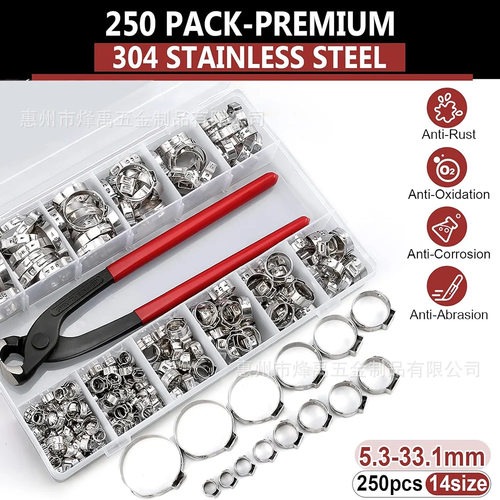 250pcs-single-ear-hose-clamp-kit-with-pincer-53-331mm-304-stainless-steel-pipe-clamp-cinch-rings-for-auto-plumbing-tubing-pipe
