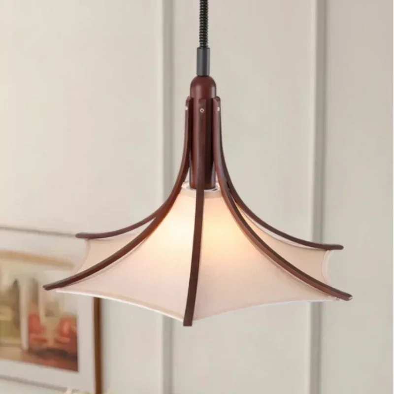 SANDYHA Retro Lifting Pendant Light Solid Wood Fabric Chandeliers LED Hanging Lamp For Living Room Dining Table Home Decoration