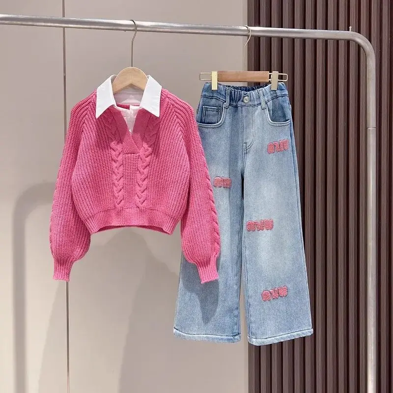 

Teenage girl's clothing set Spring and Autumn new style children's knitted sweater jeans two-piece set girl wide leg pants