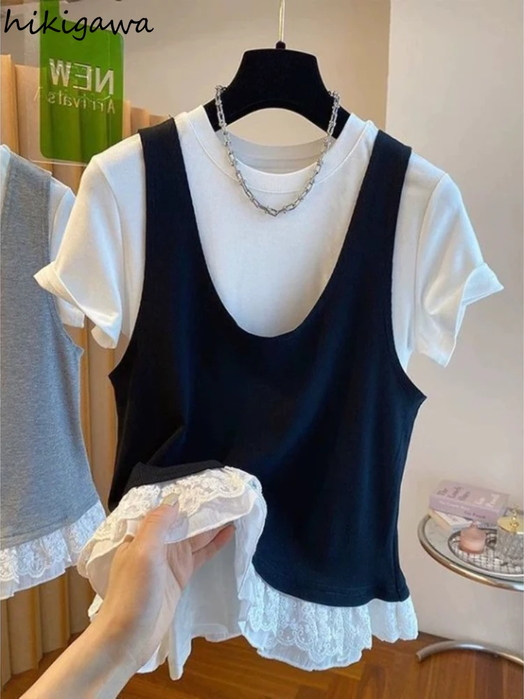 

Oversized Tshirts 2025 Women's Clothing Fake Two Tops Patchwork Lace Loose Camisetas Ropa Mujer Fashion Chic T-shirt Korean Tees