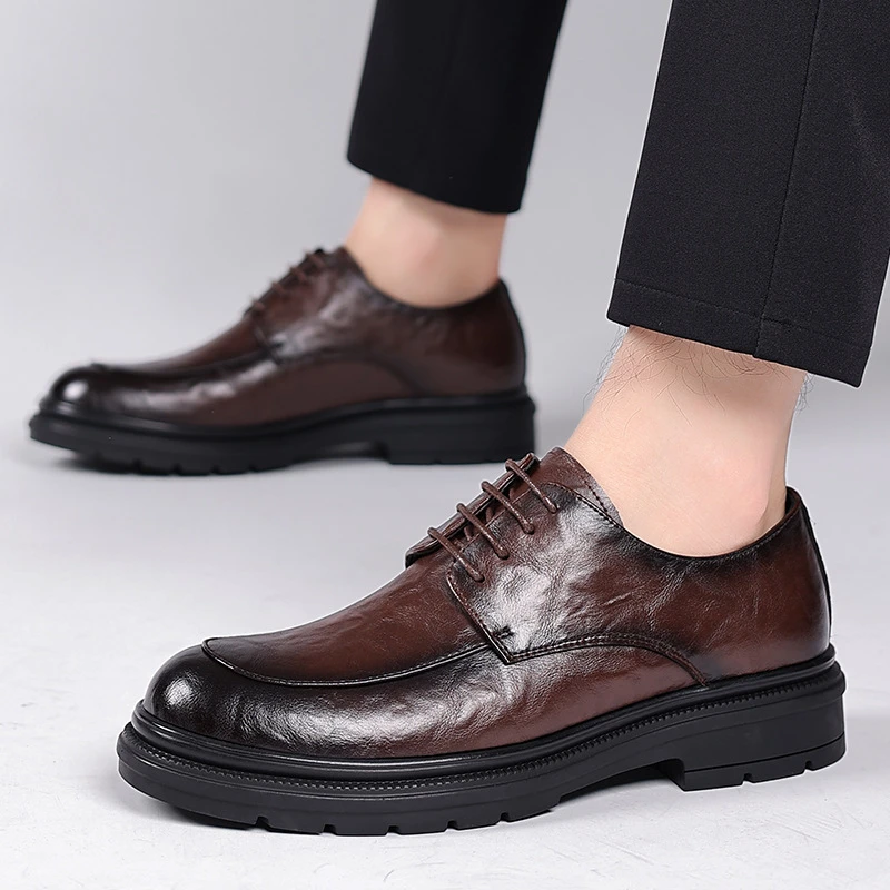 

Mens Black Wrinkled Leather Apron Toe Lace Up Dress Shoes Thick Lug Sole Chunky Formal Business Office Work Daily Wear Shoes