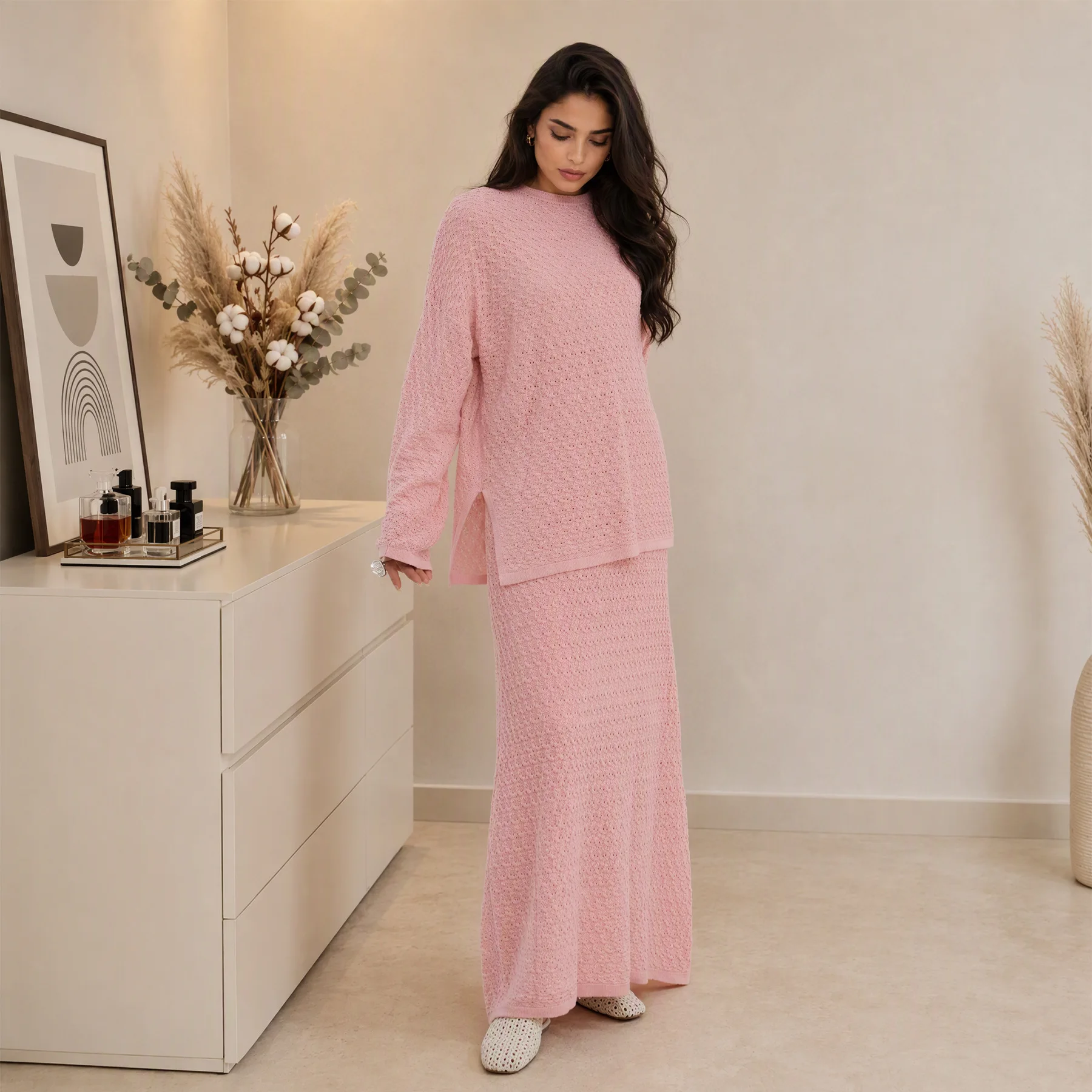 Ramadan Women Fall Winter Crochet Knit 2 Piece Set Long Sleeve Sweater Top Blouse Maxi Skirt Islamic Outfit Loose Vestidos
