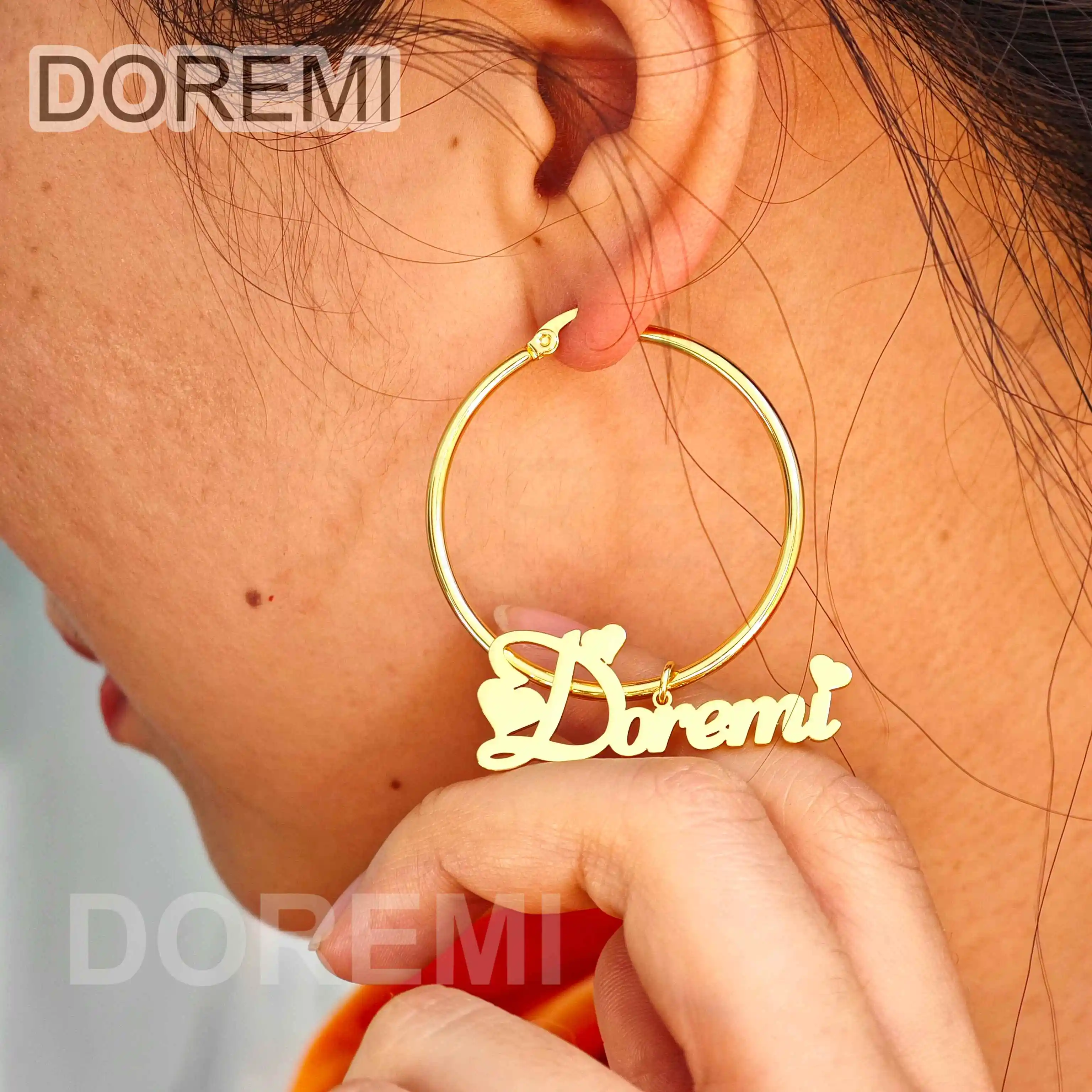 

DOREMI Dangle Women Earring Custom Name Design Hoop Stainless Steel Pendant Name Women Clip Earring Hoop