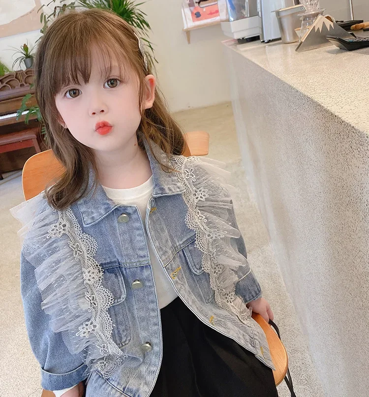 

Jackets Girls Lace Decorate Cowboy Coat Spring Fashion Childrens Clothing Outerwear Soild Turn Down Collar Simple 2024