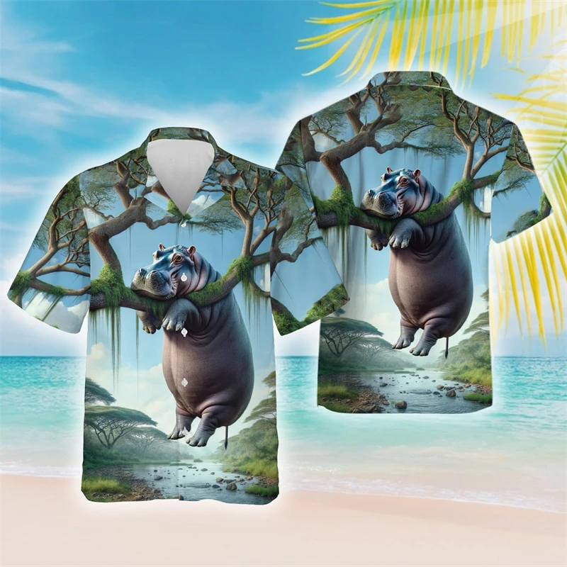 Funny Hippo 3D Printed Beach Shirts Cute Animal Shirt For Men Clothes Hip Hop Male Short Sleeve Blouses Hippopotamus Women Tops