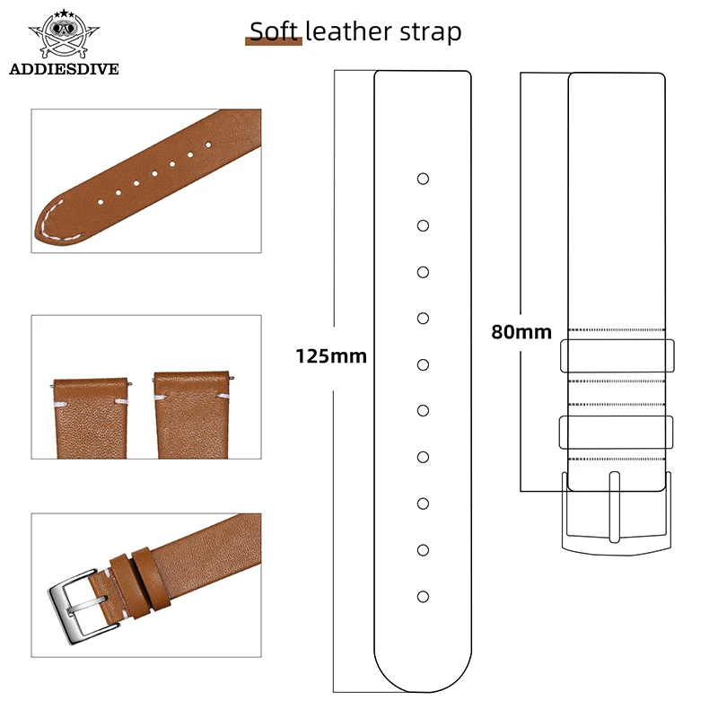 ADDIESDIVE Men\'s Leather Watch Strap 20mm Black Orange Brown Quick Release Leather Strap Replacement Steel Metal Buckle