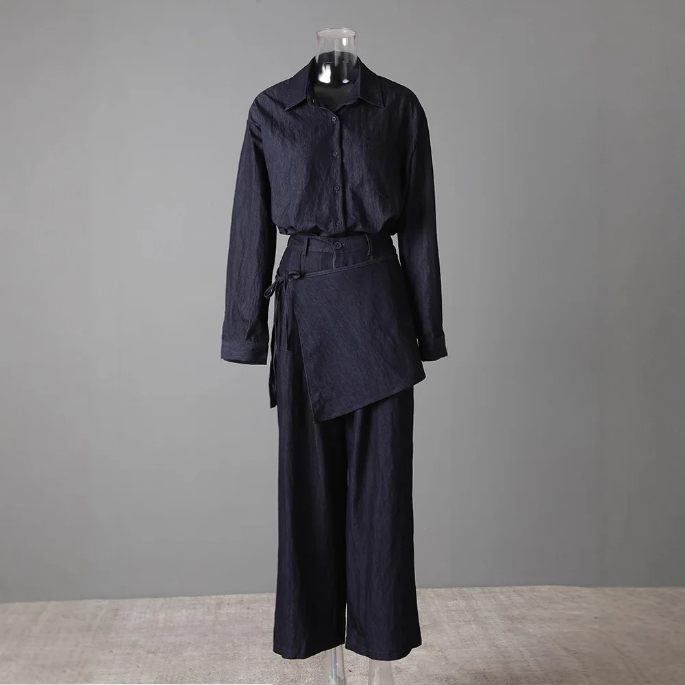 Fashion Design Casual Shirt Layered Lace-up Waist Fake Two-piece Casual Pants Three-piece Set